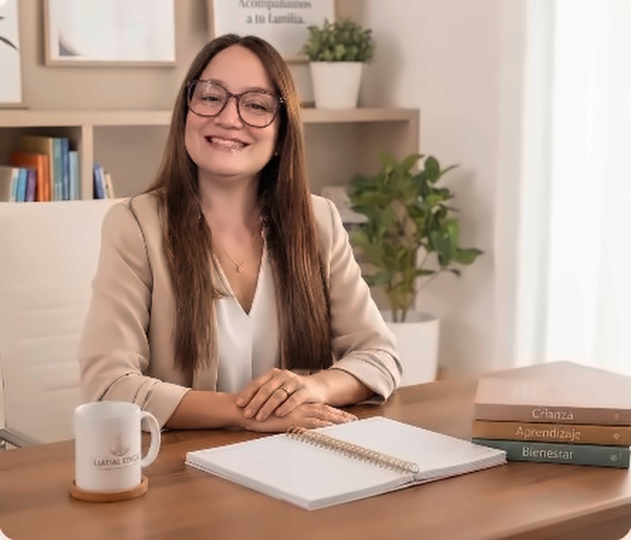 Lucila Godin sonriendo en su escritorio, junto a libros de crianza, aprendizaje y bienestar