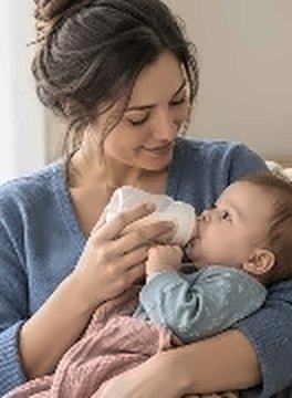 Una mamá le da la mamadera a su bebé y lo mira sonriendo